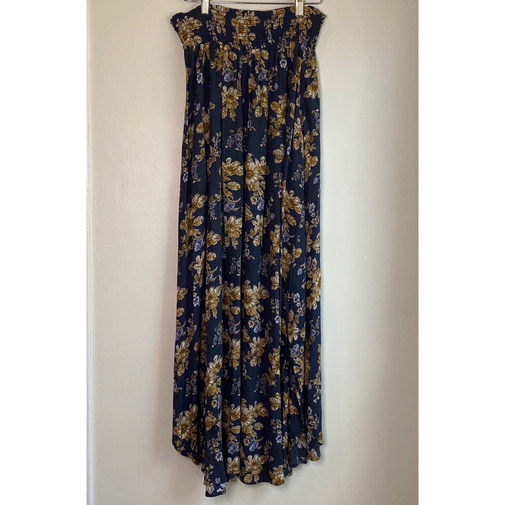 Final Touch Floral Asymmetrical Maxi Skirt Large Blue Smocked Waist Cottagecore